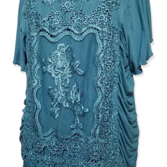 NWT One World Teal Lace Appliqué Top 1X Boho Cottagecore Ruched Butterfly Sleeve - Picture 4 of 11
